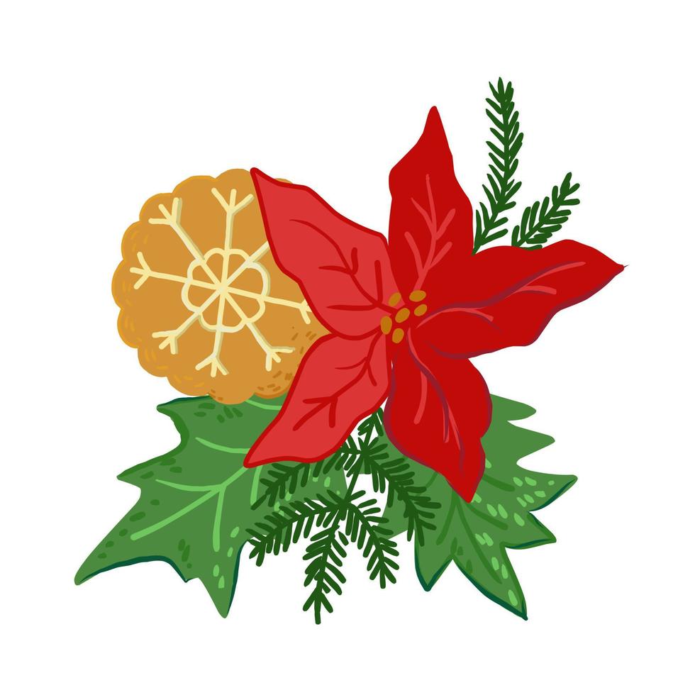 Kerst bloem vakantie decoratief element met cookie en groene bladeren, platte cartoon vectorillustratie geïsoleerd op een witte achtergrond. xmas rode poinsettia print voor kaarten, menu en uitnodigingen. vector