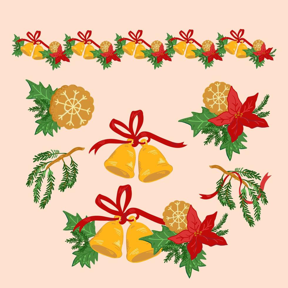 Kerstdecoraties voor de feestdagen instellen met xmas bloem en klokken grens en enkele elementen, cartoon vectorillustratie geïsoleerd op de achtergrond. wenskaarten en nieuwjaarsontwerp. vector