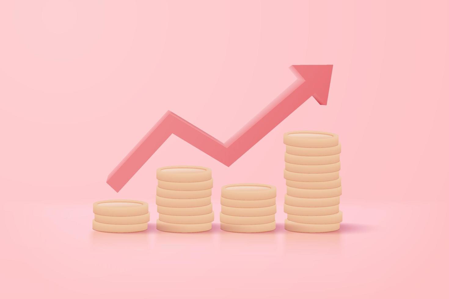 3D-geld munt stapels en rode pijl omhoog op pastel achtergrond. munt stapel groeiend bedrijf isoleren concept, 3d geld vector render voor financiën, investeringen, geld verdienen groei illustratie concept