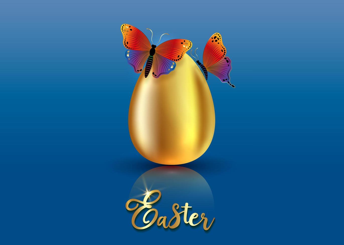 realistische gouden ei met luxe kleurrijke vlinders, Pasen concept vectorillustratie geïsoleerd op blauwe achtergrond met kleurovergangen vector
