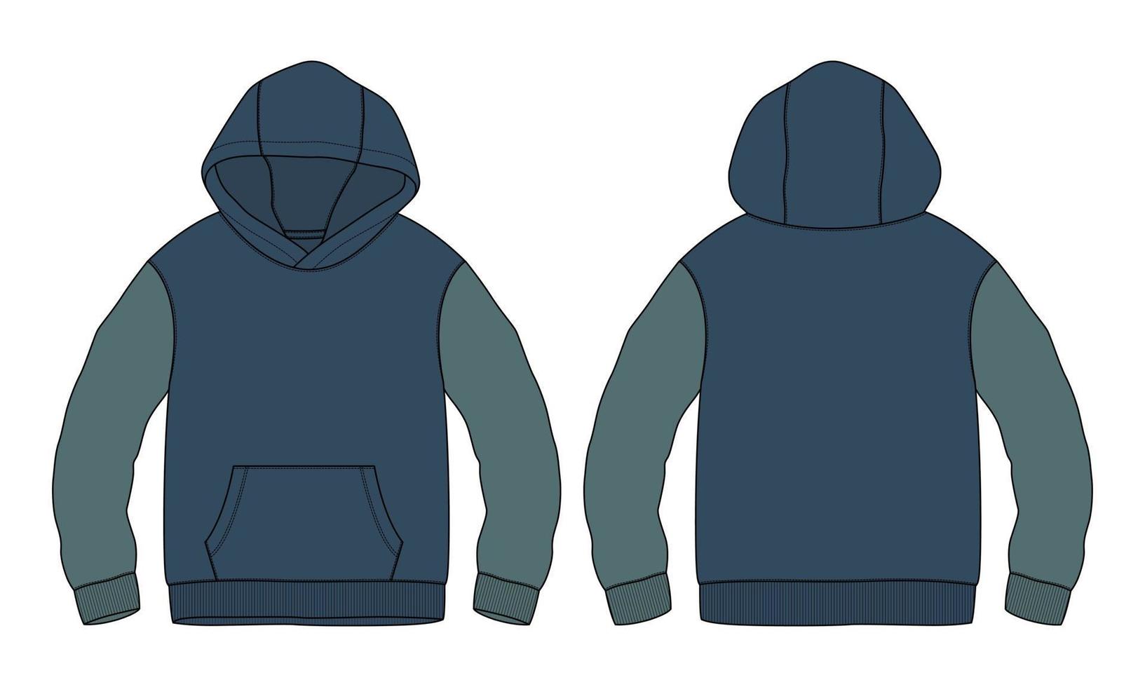 two tone blauwe en groene kleur lange mouw hoodie technische mode platte schets vector illustratie sjabloon voor- en achterkant uitzicht geïsoleerd op een witte achtergrond.