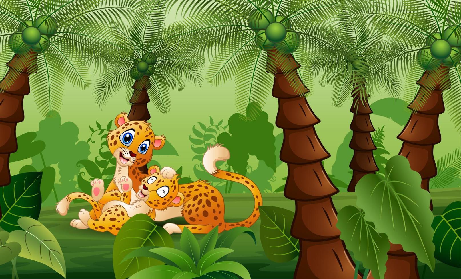 een moedercheeta met welpen die in de palmjungle spelen vector