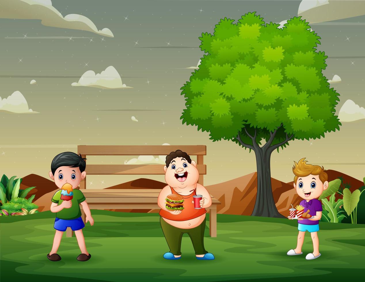 tekenfilm drie jongens die elk eten dragen in het park vector