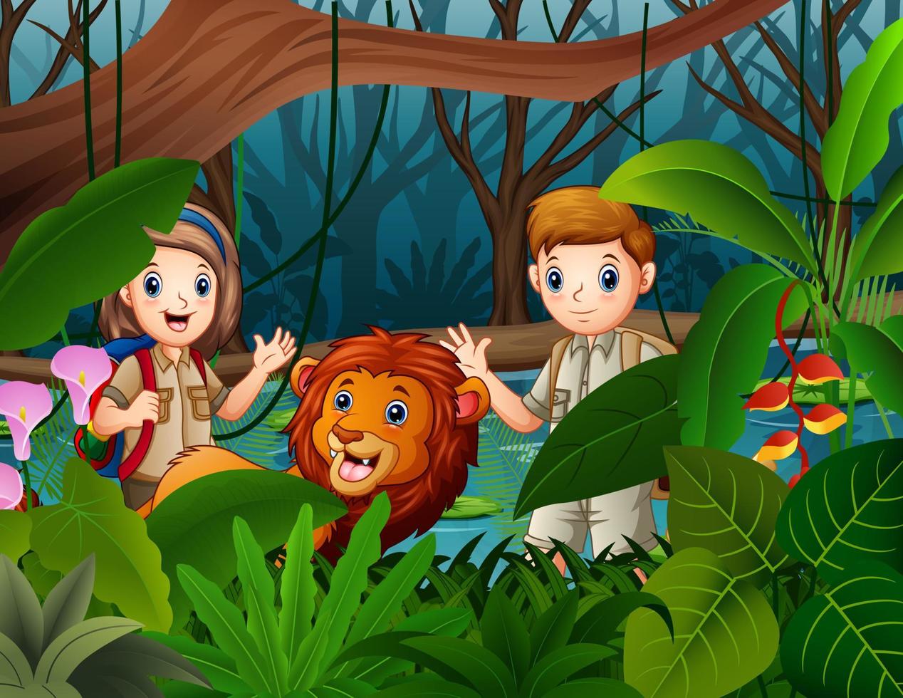 illustratie van dierenverzorger jongen en meisje met een leeuw in de jungle vector