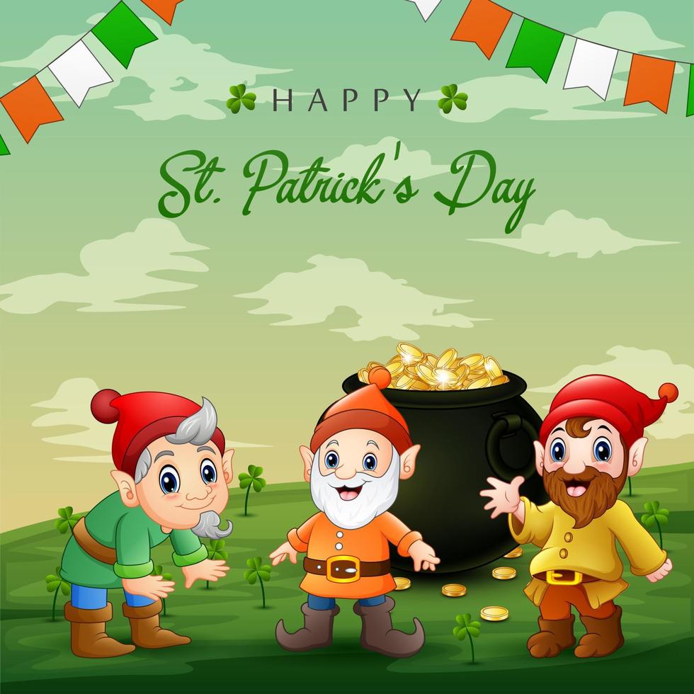 happy st patrick's day achtergrond met dwergen en een pot met goud vector