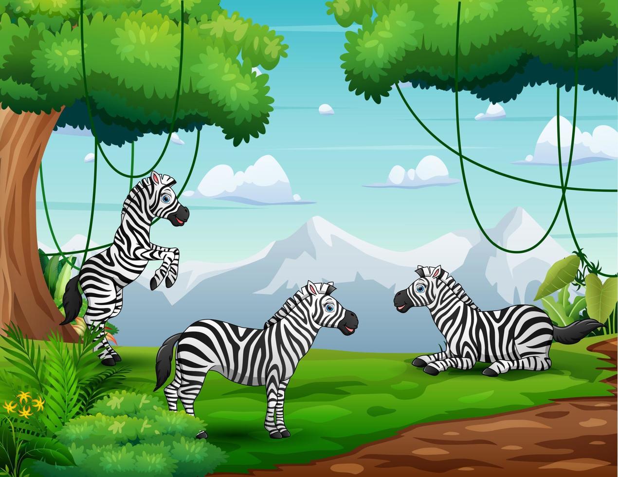 cartoon drie van zebra's spelen in natuurlandschap vector