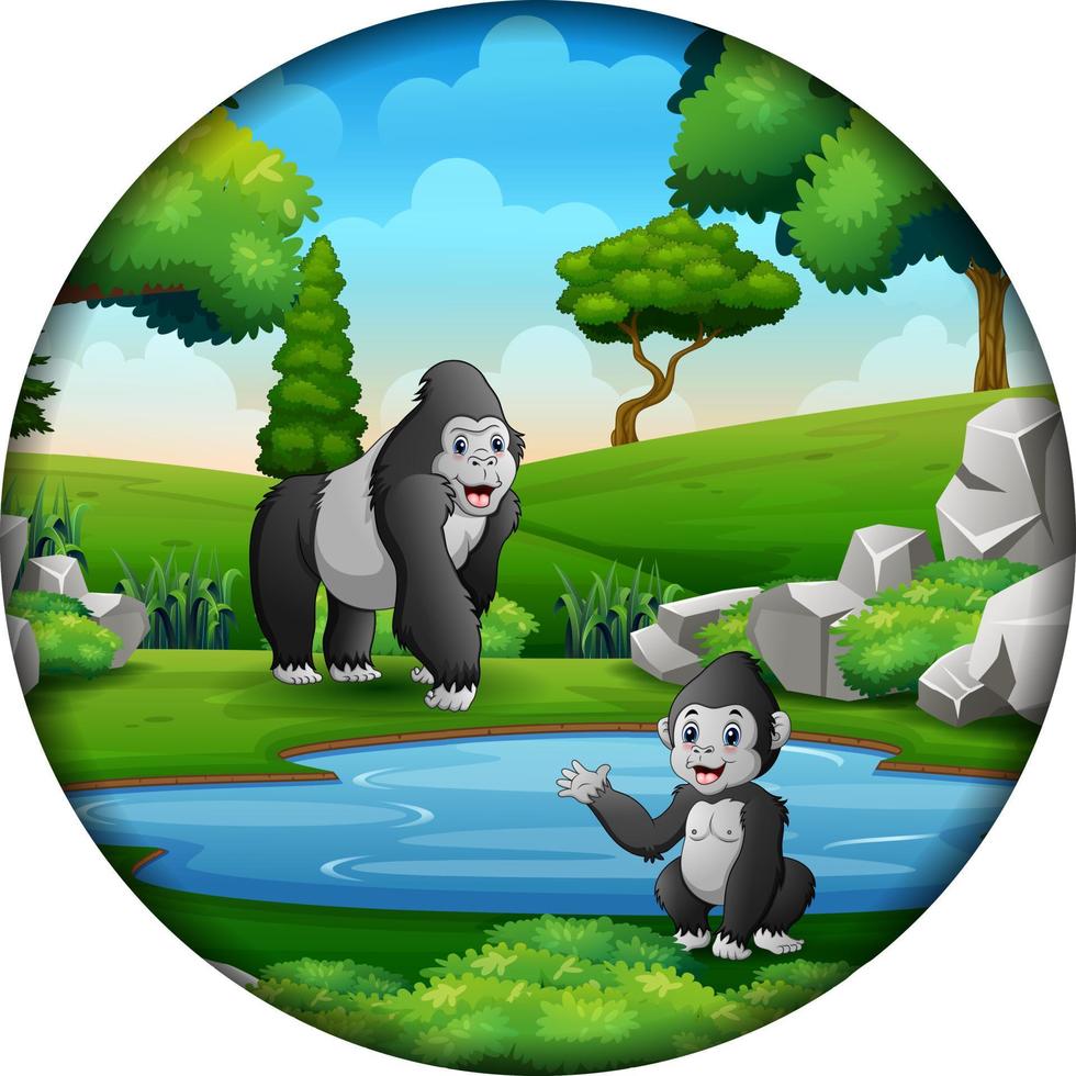 cartoon gorilla met welpen in rond frame vector