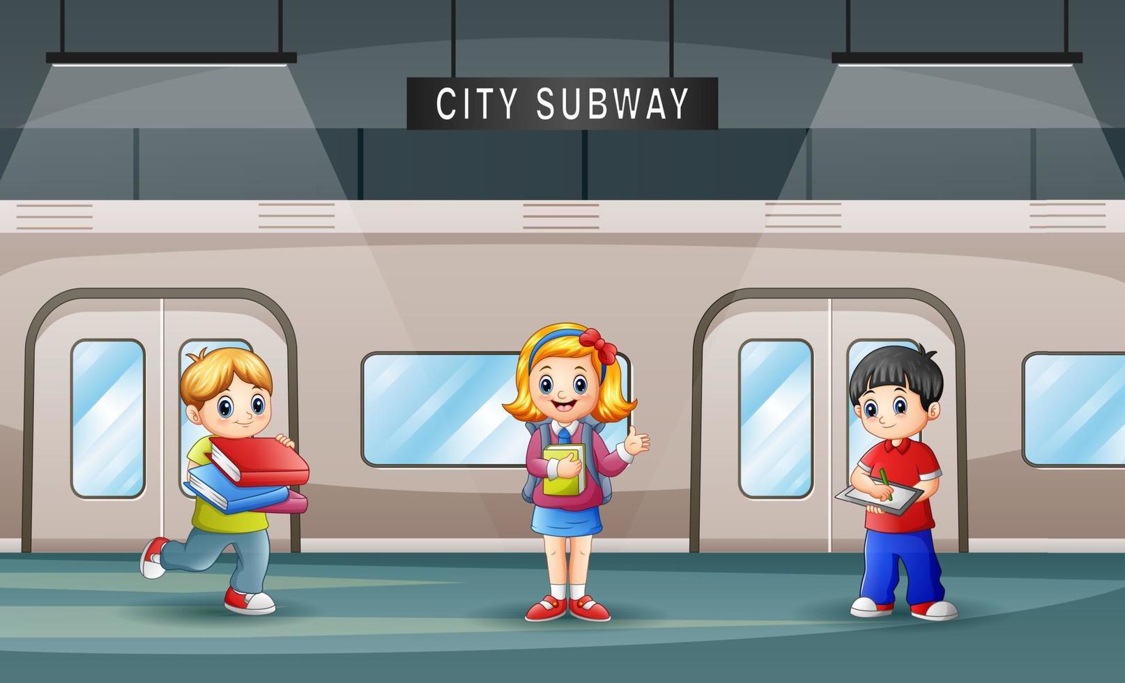 illustratie van schoolkinderen die op de trein wachten door een boek te lezen op het station vector