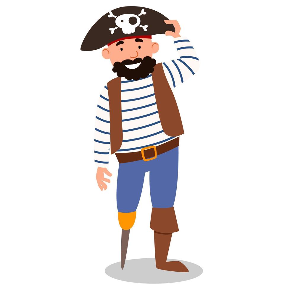 een piratenfiguur in een pak, een hoed, zonder been en met een baard. vectorillustratie van een piraat matroos geïsoleerd op een witte background vector