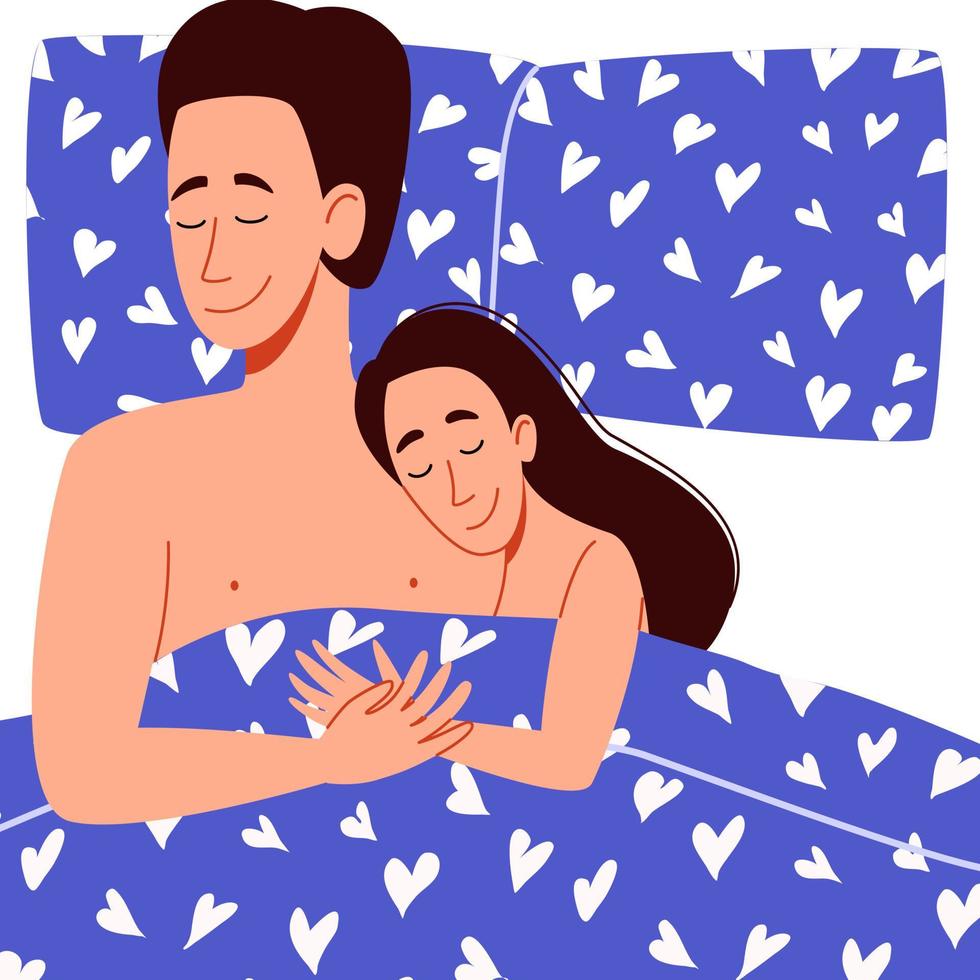 een paar mannen en vrouwen die in bed liggen. een jongen en een meisje slapen in een omhelzing. vector