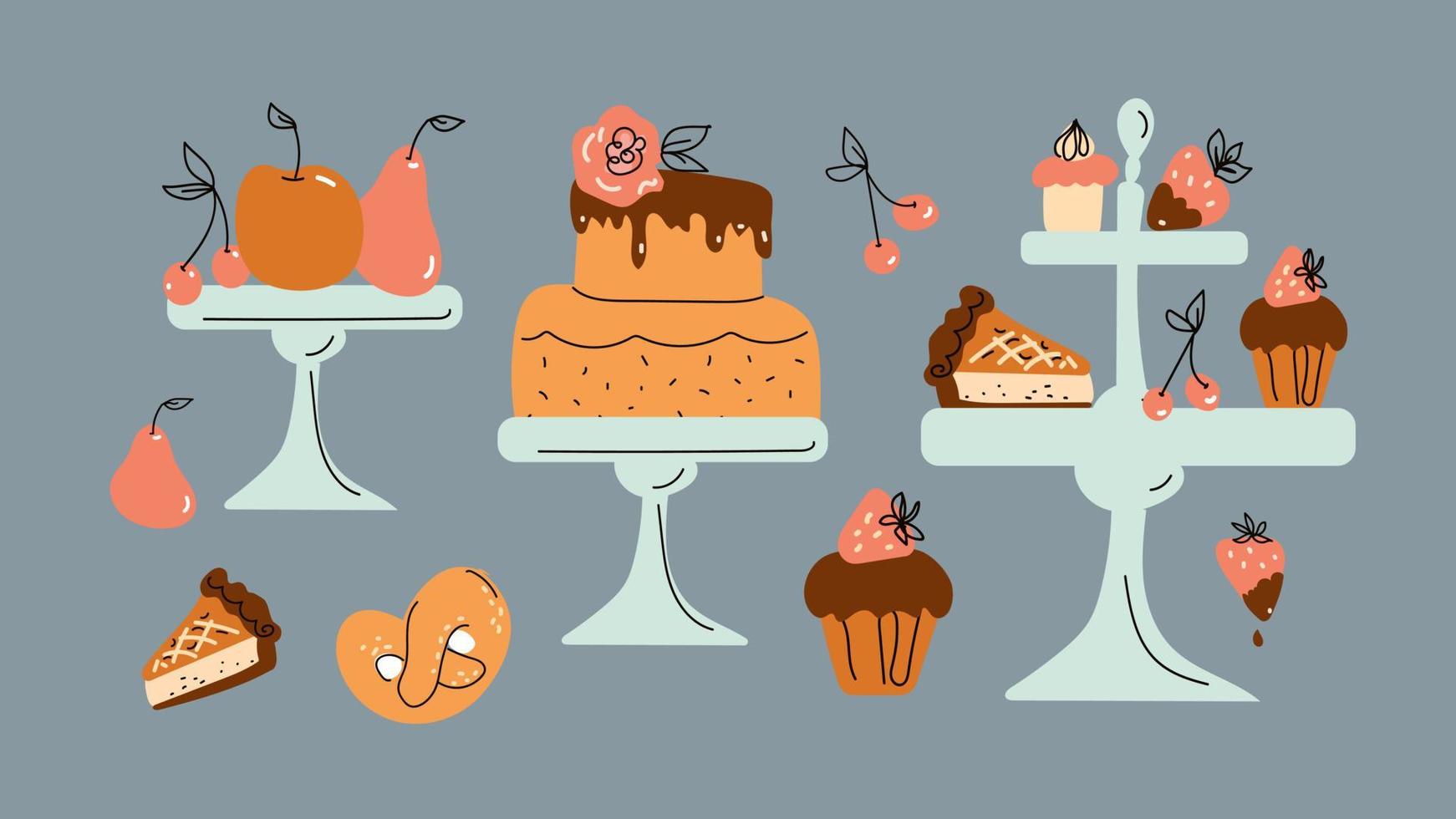 verjaardagstaart en dessert in cake stands, cartoon doodle handgetekende stijl vector kunst.