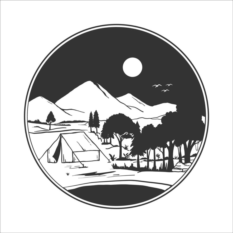 silhouet camping badge. vectorillustratie van kamperen in de wilde bergen vector