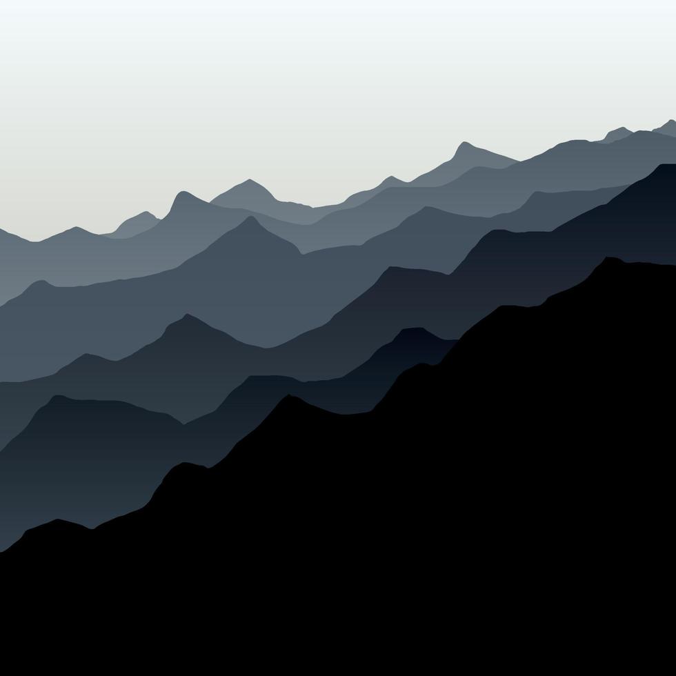mooie zwarte berglandschap silhouet met mist en zonsopgang en zonsondergang op bergen achtergrond. buiten- en wandelconcept. vector. goed voor behang, sitebanner, omslag, poster. vector