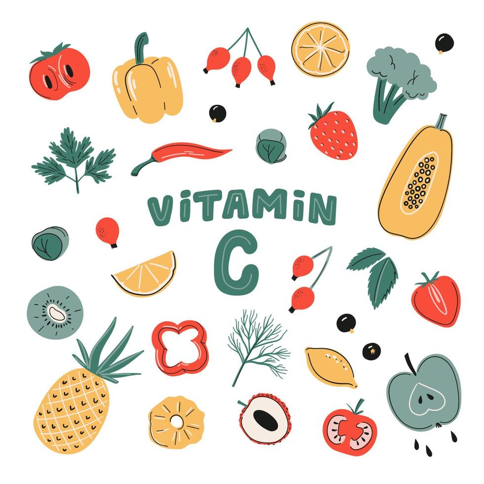 vector vitamine c bronnen ingesteld. fruit, groenten en bessen collectie. gezonde voeding, dieetproducten, biologisch. cartoon vlakke afbeelding