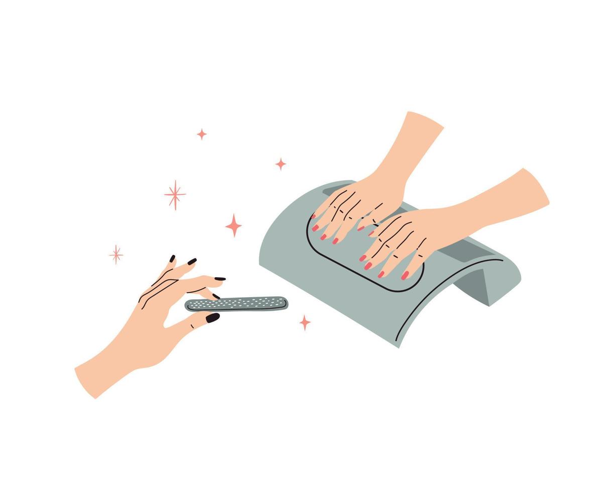 manicure-concept. meisje lakt nagels naar een andere vrouw thuis. nagelstudio, salon. vector cartoon illustratie