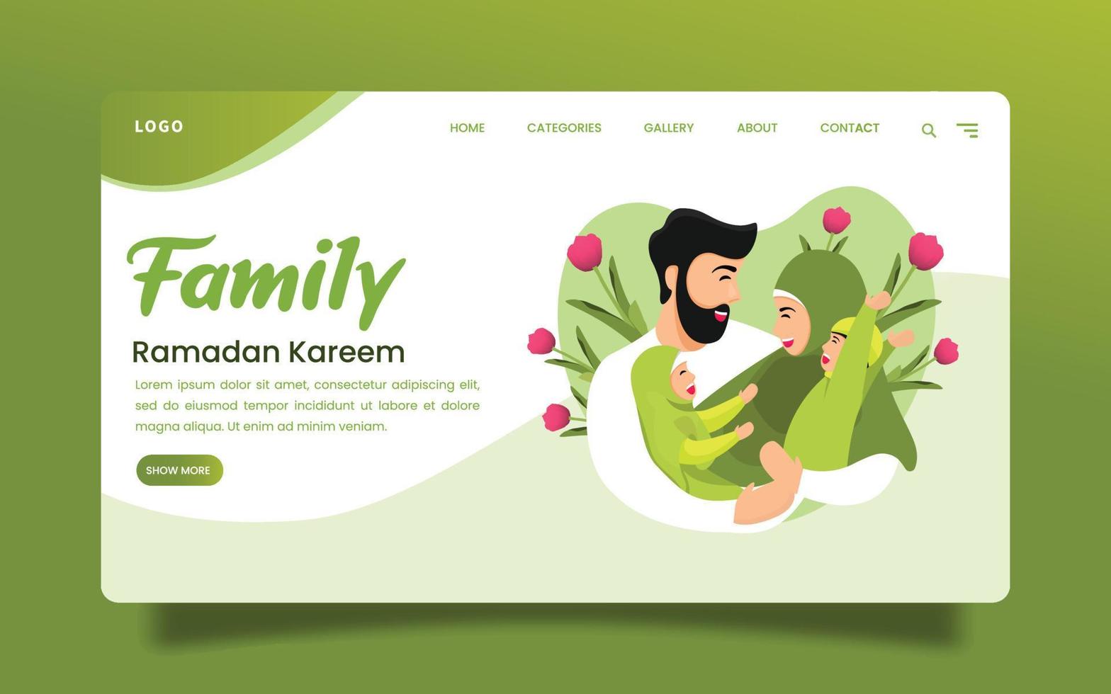 bestemmingspagina-illustratie van een harmonieuze moslimfamilie die elkaar knuffelt en lacht op een groene bloemachtergrond met ramadan-thema. vector