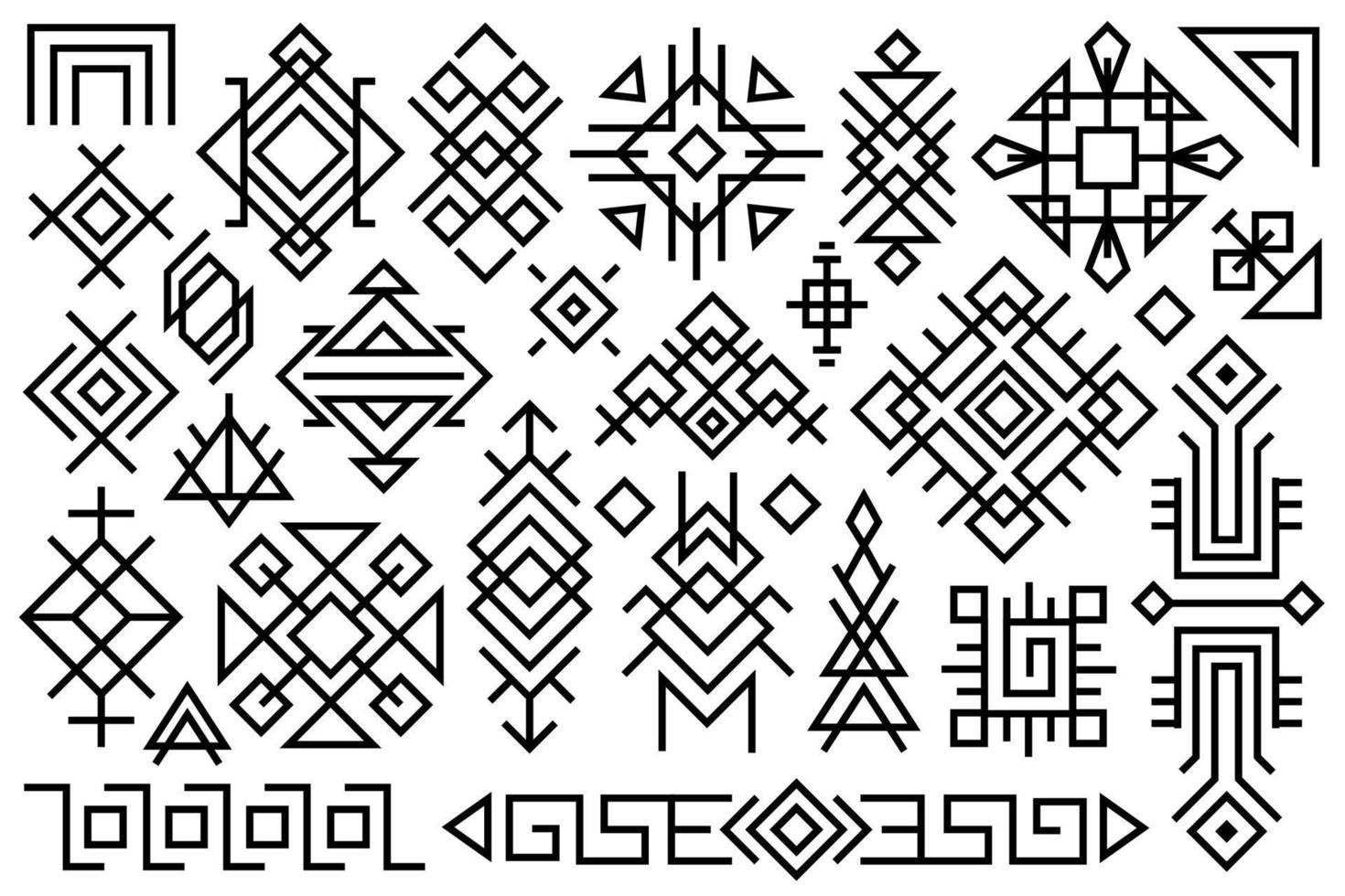 verzameling geometrische etnische elementen. lijn kunst vector, zwart-wit etnische motieven. boho stijl ontwerp sierlijke elementen. abstracte ornamenten geïsoleerd op een witte achtergrond. vector
