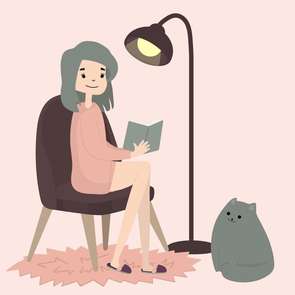 schattig meisje zit met catand lezen. gezellige winter. illustratie in cartoon-stijl. vector