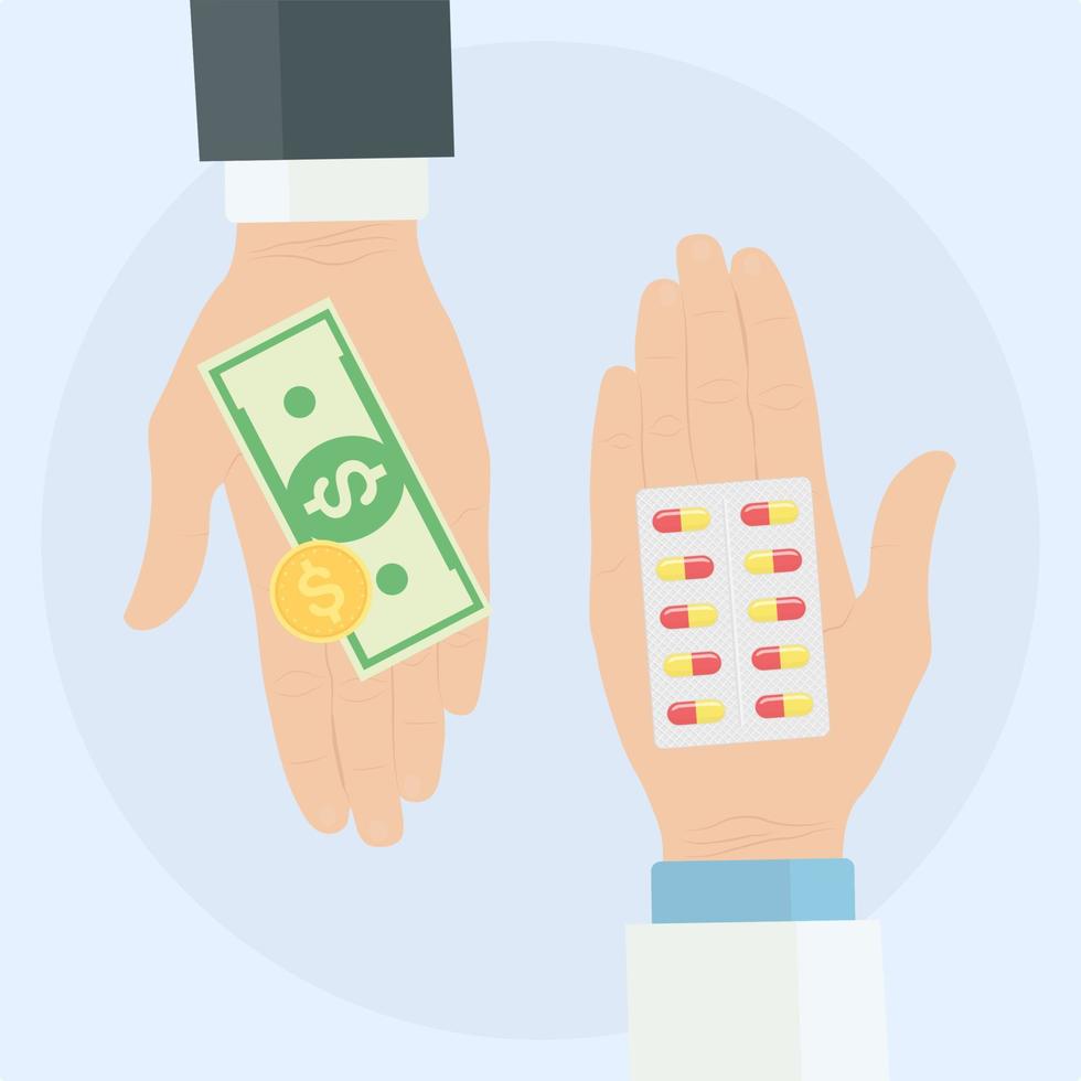menselijke handen houden geld en blister van pillen vast. gezondheidszorg. drugs kopen, verkopen. apotheek winkel. vector ontwerp