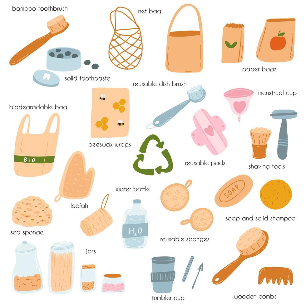 set van afvalvrije recyclebare en herbruikbare producten in platte cartoonstijl. vectorillustratie van groene, eco-vriendelijke objecten en accessoires voor thuis, zelfzorg, persoonlijke hygiëne, winkelen. vector