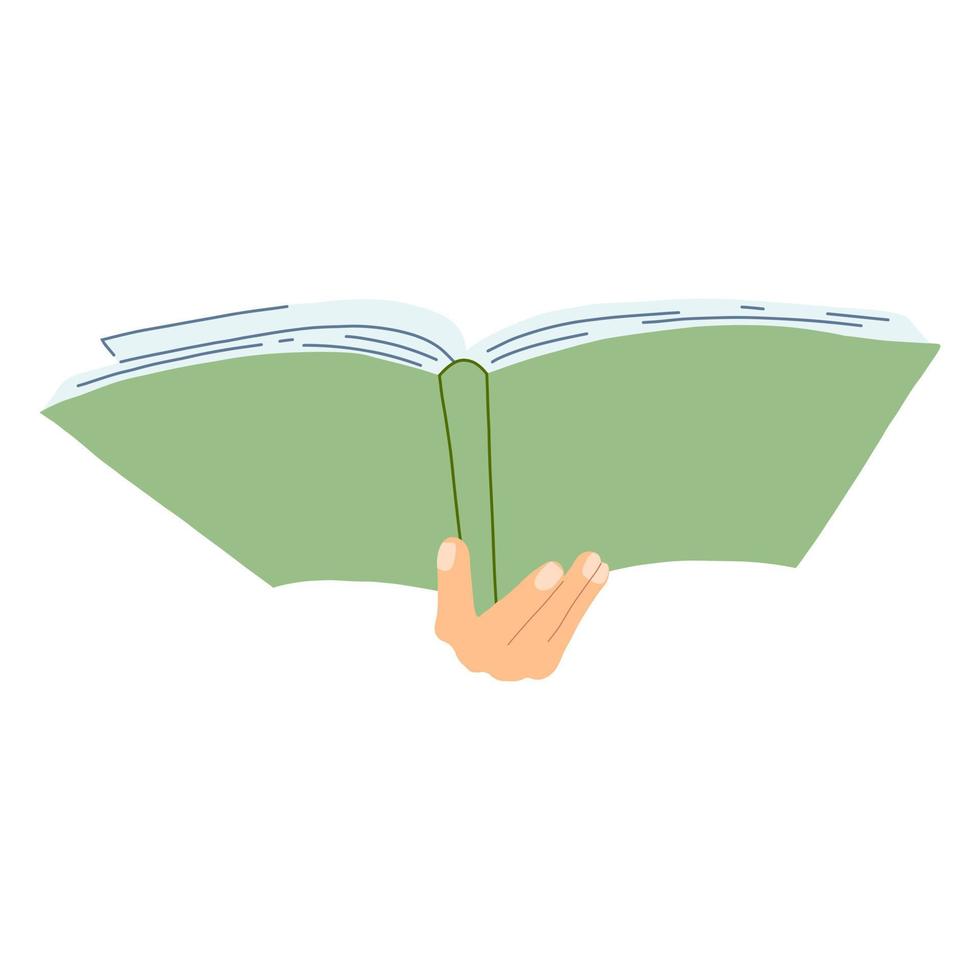 handen met boek in cartoon vlakke stijl. concept van wereldboekendag, studeren, leren. vectorillustratie van open woordenboek, encyclopedieën, planner vector