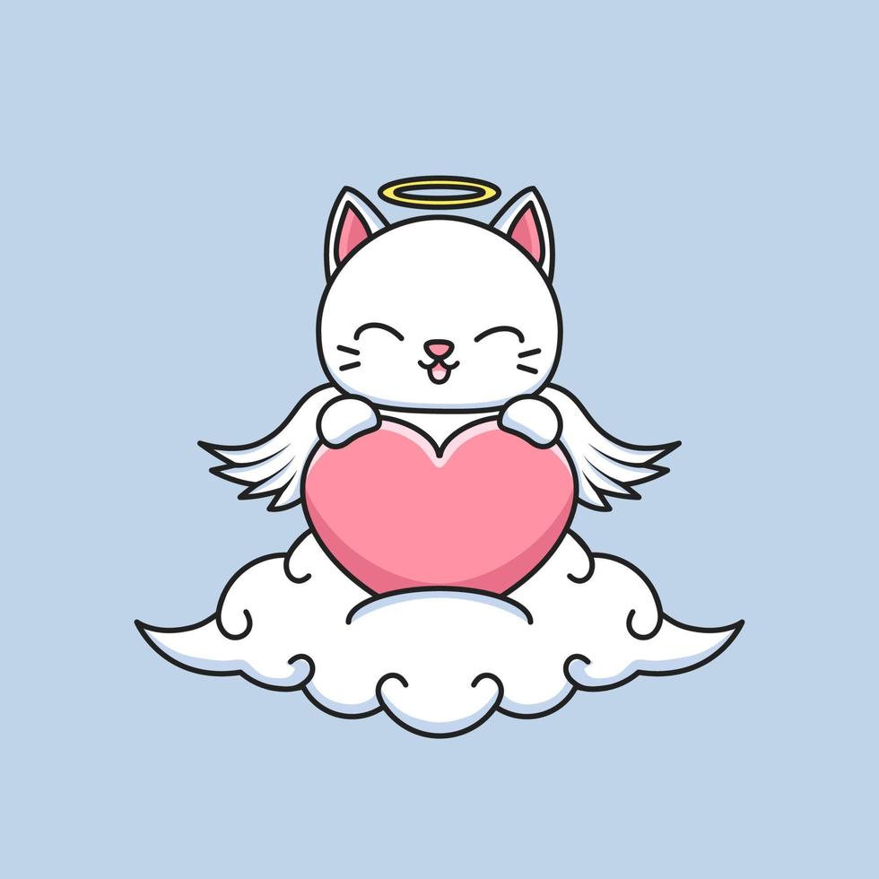 schattige cupido kat met groot hart in de cloud vector