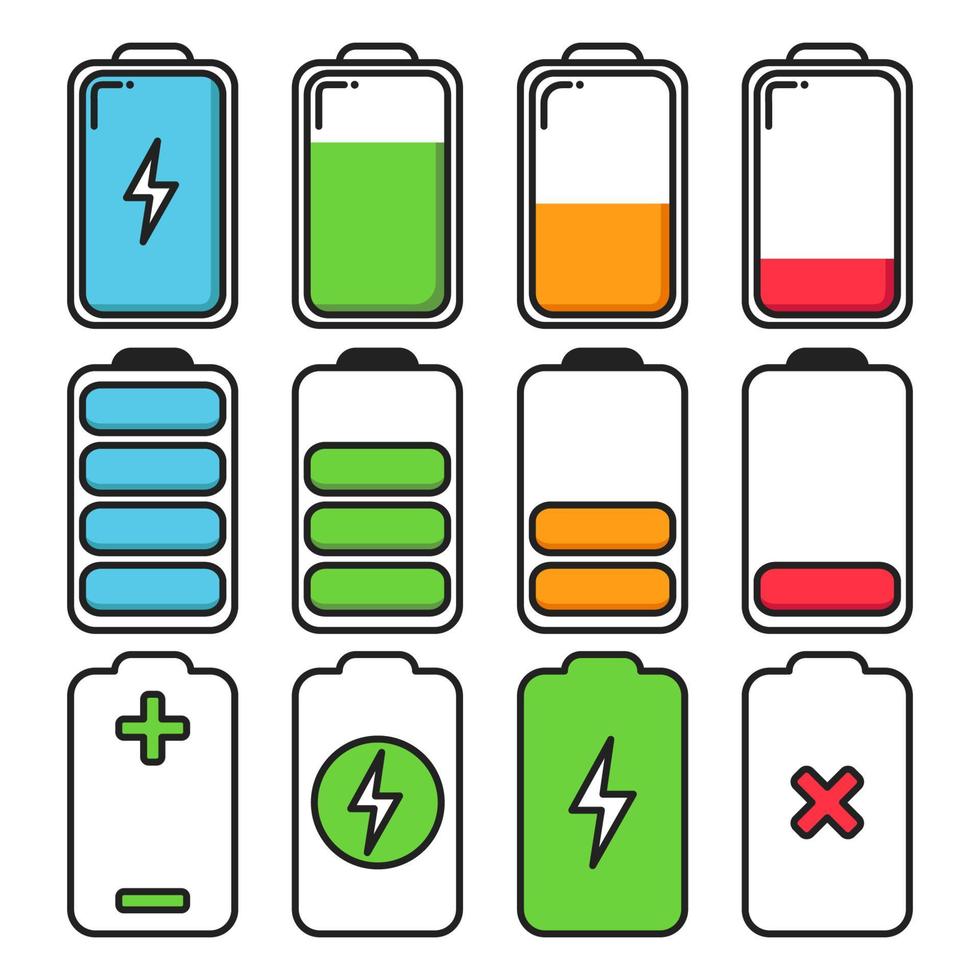 kleurrijke batterij-indicator set icoon vector