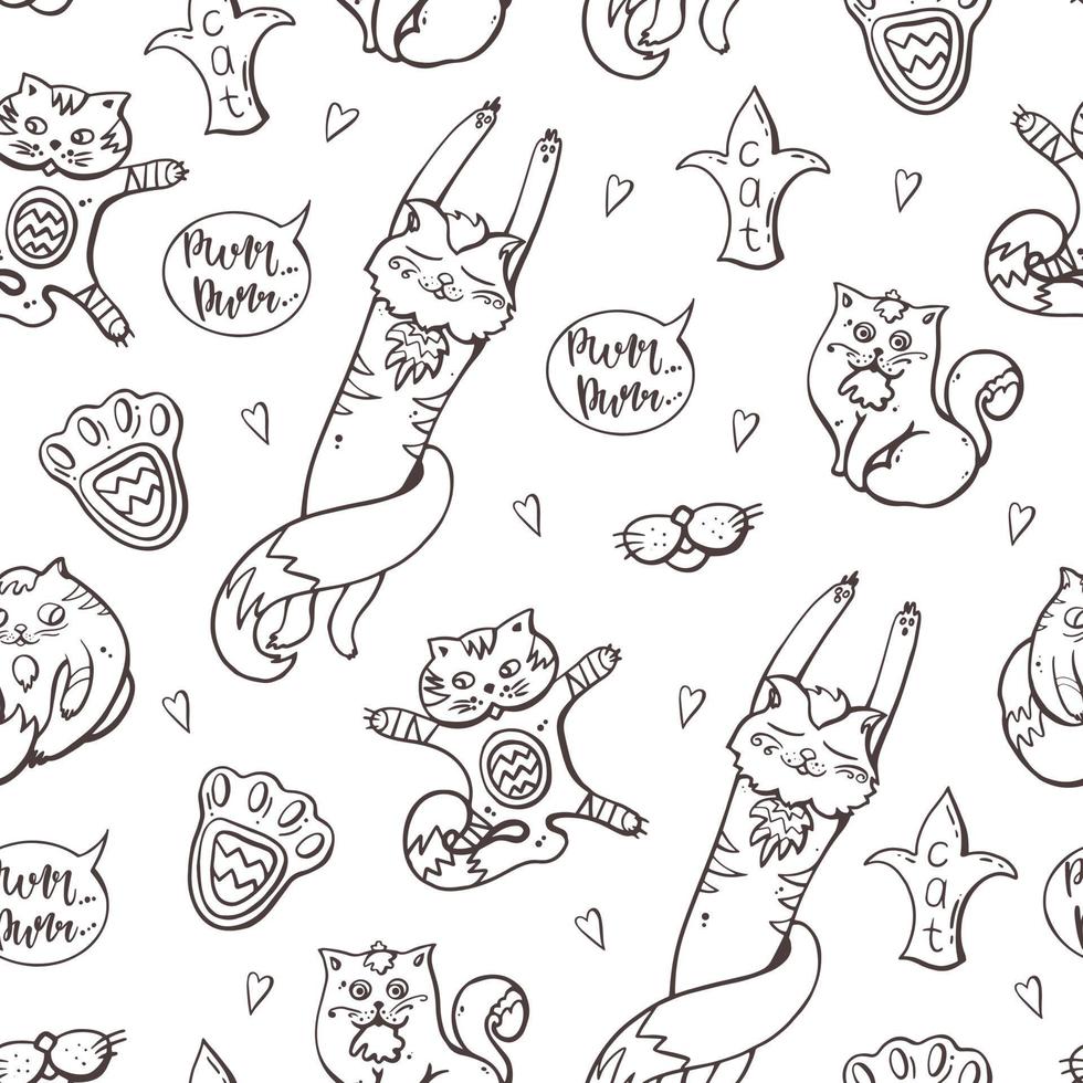 schattige katten naadloze patroon op een witte geïsoleerde achtergrond. schets. vector handgetekende print voor kinderkleding.