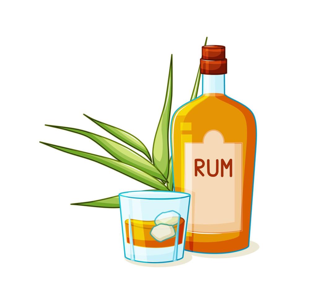 rum is een alcoholische drank in een fles en een glas met ijs op een witte achtergrond. tekenfilm. een product gemaakt van suikerriet. vectorillustratie. vector