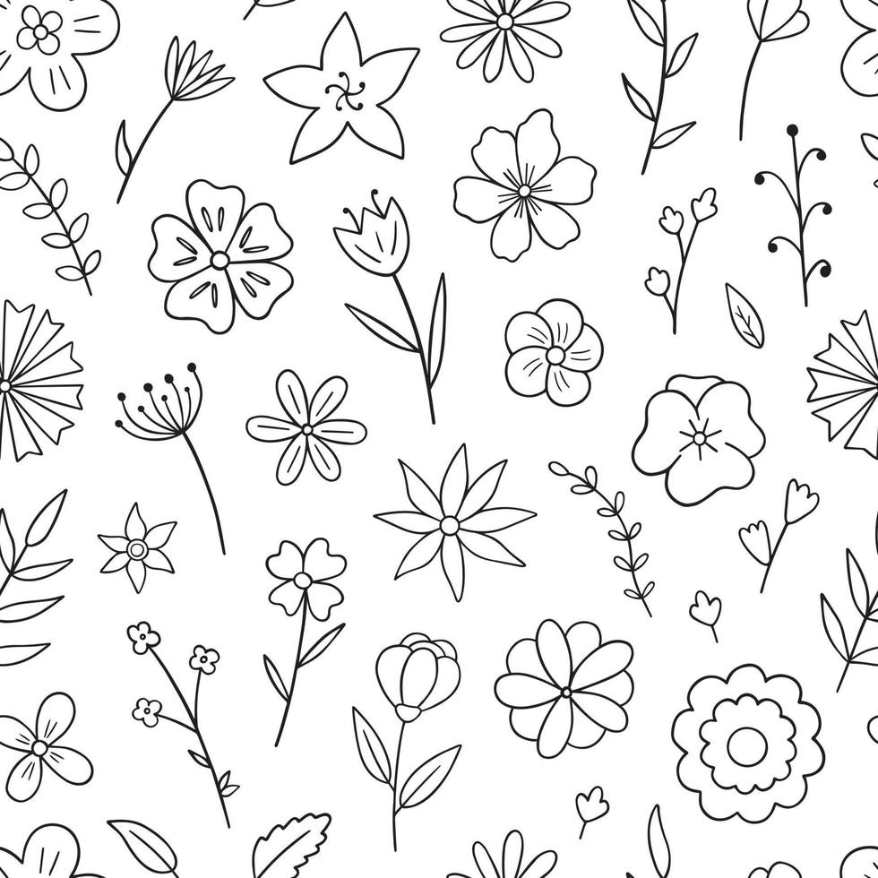 hand getekende naadloze patroon van bloemen en takken doodle. bloemen- en kruidenelementen. in schetsstijl. vectorillustratie. vector