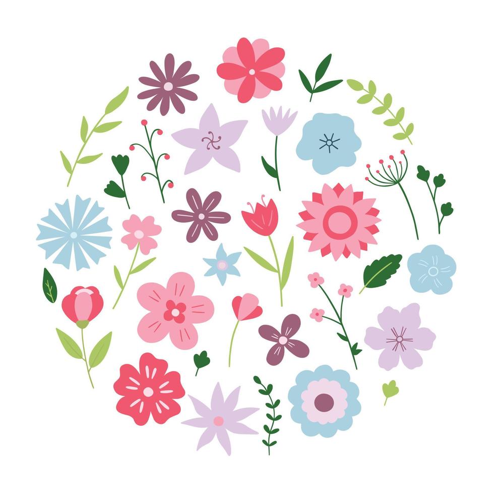 hand getekende set bloemen en takken. bloemen- en kruidenelementen in cartoonstijl. vectorillustratie geïsoleerd op een witte achtergrond. vector