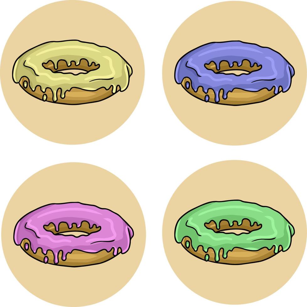 een verzameling grote ronde donuts met veelkleurige glazuur, snoepjes voor decoratie. vectorillustratie voor desserts en ansichtkaarten vector