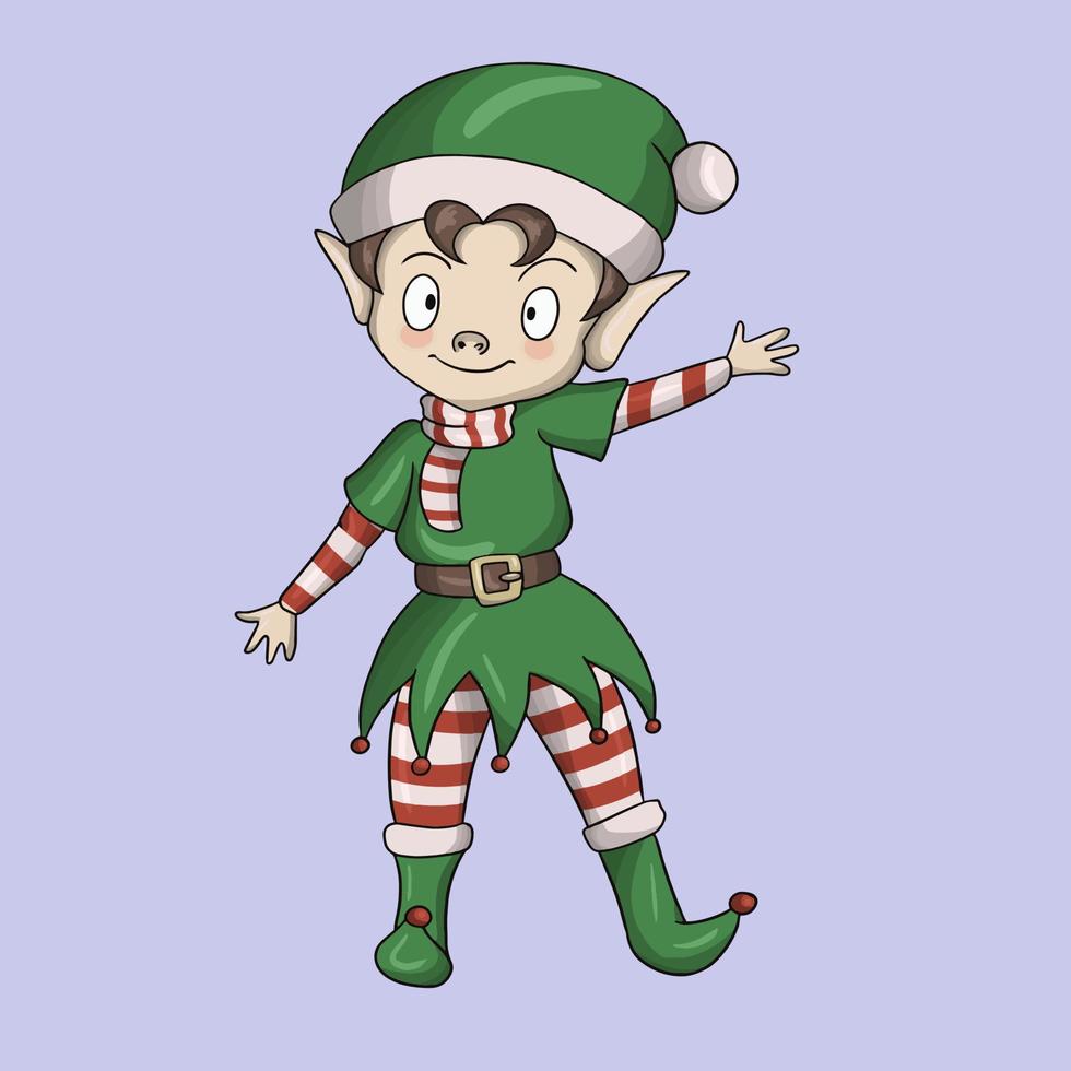 schattige kleine elf, santa's assistent, zwaaien, groeten, ontwerpelement. vectorillustratie op een lichte achtergrond vector