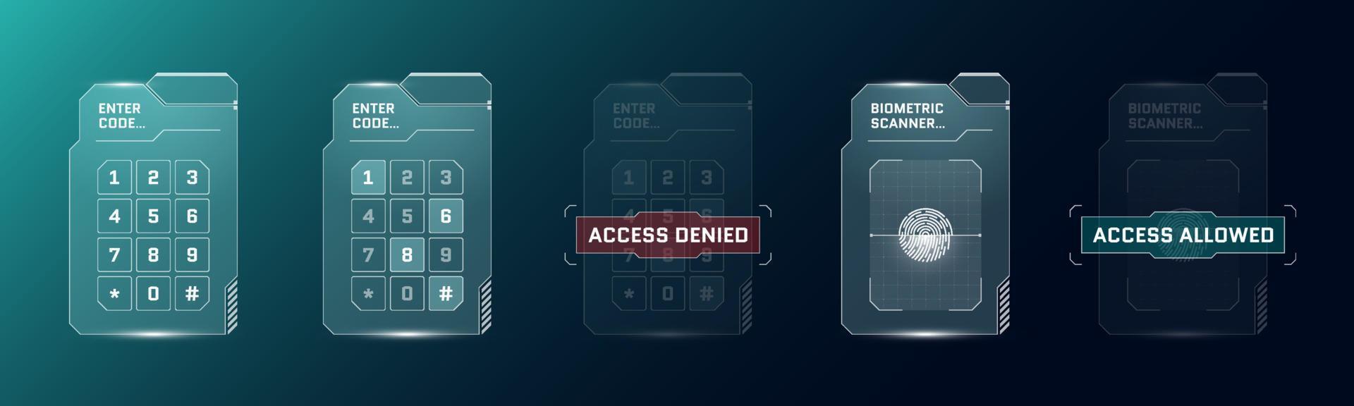 hud digitale futuristische gebruikersinterface pincode invoerpaneel set. sci fi hightech beschermingsschermen. gaming menu vingerafdrukscanner en nummer aanraken dashboard. cyberspace biometrische id-toetsenbord. eps vector