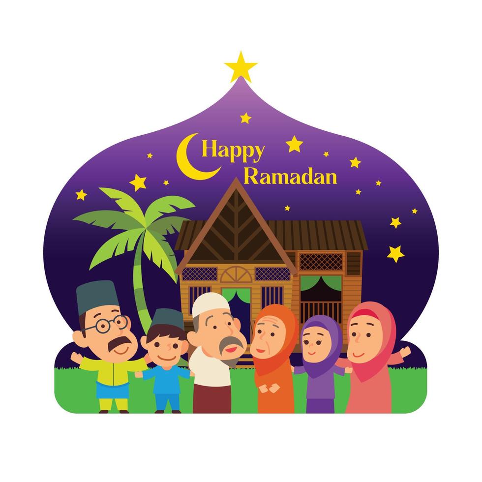 gelukkige ramadan viering cartoon moslim familie in Maleis dorp met kokospalm nachtleven scène achtergrond vector