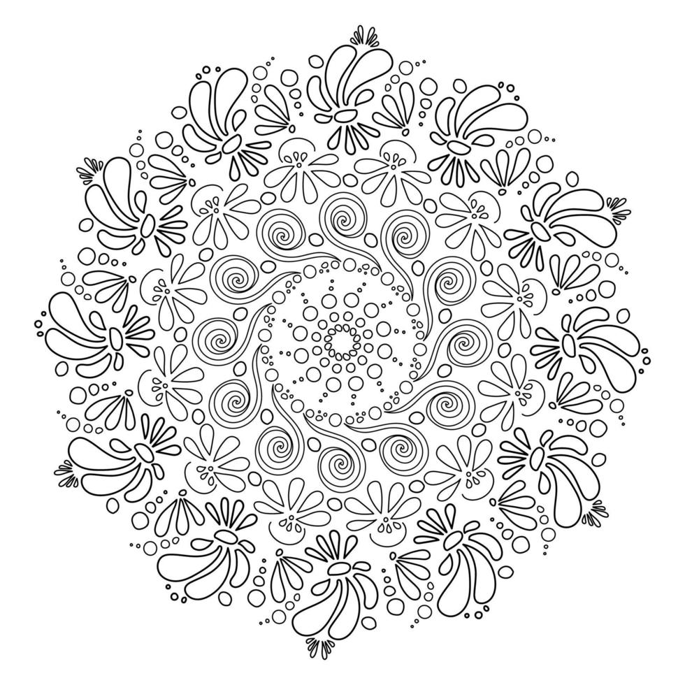 anti-stress mandala met bloemenelementen, plonsbloemblaadjes en krullen, ronde decoratieve details in een cirkel gerangschikt, kleurplaat vector