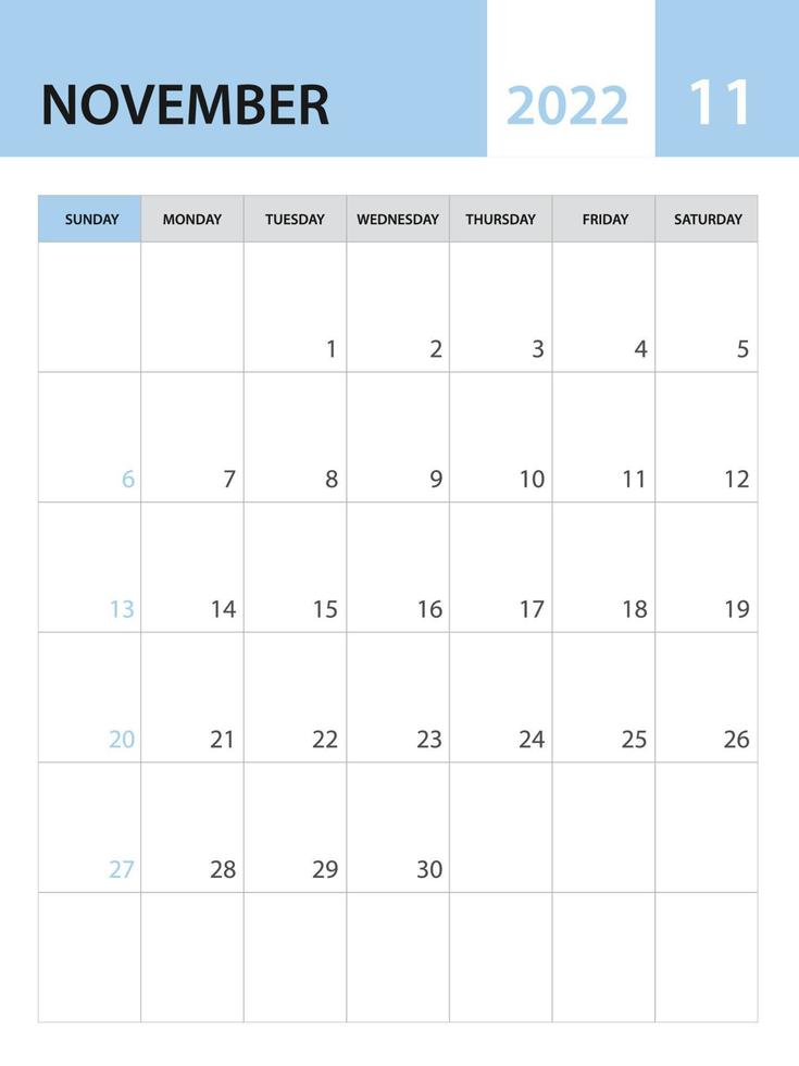 november 2022 sjabloon, kalender 2022 sjabloon vector, planner maandelijks ontwerp, bureaukalender 2022, wandkalender ontwerp, minimalistische stijl, advertentie, poster, drukmedia, eenvoudige creatieve vector