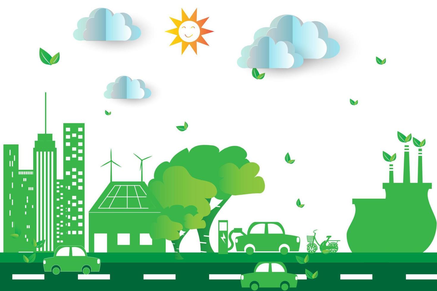 groene stad met eco-conceptelementen. vector illustratie