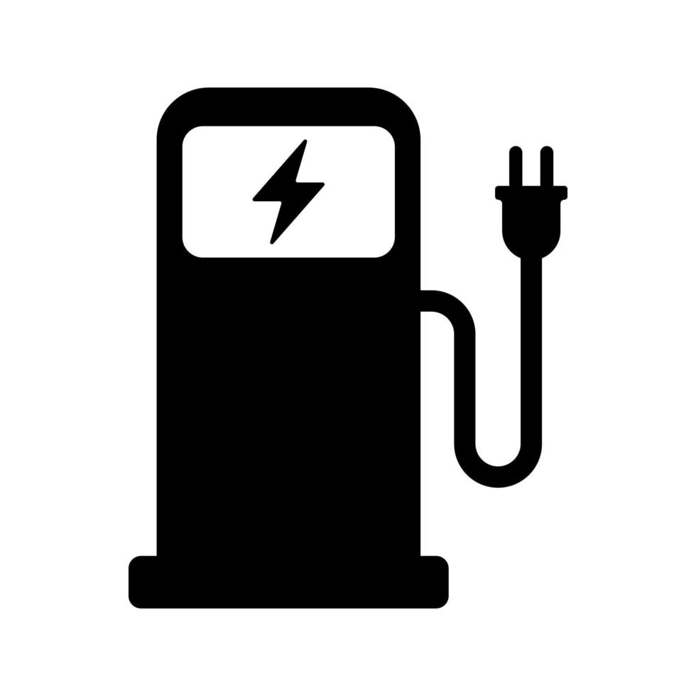 elektrische auto laadstation zwarte vector pictogram op witte achtergrond