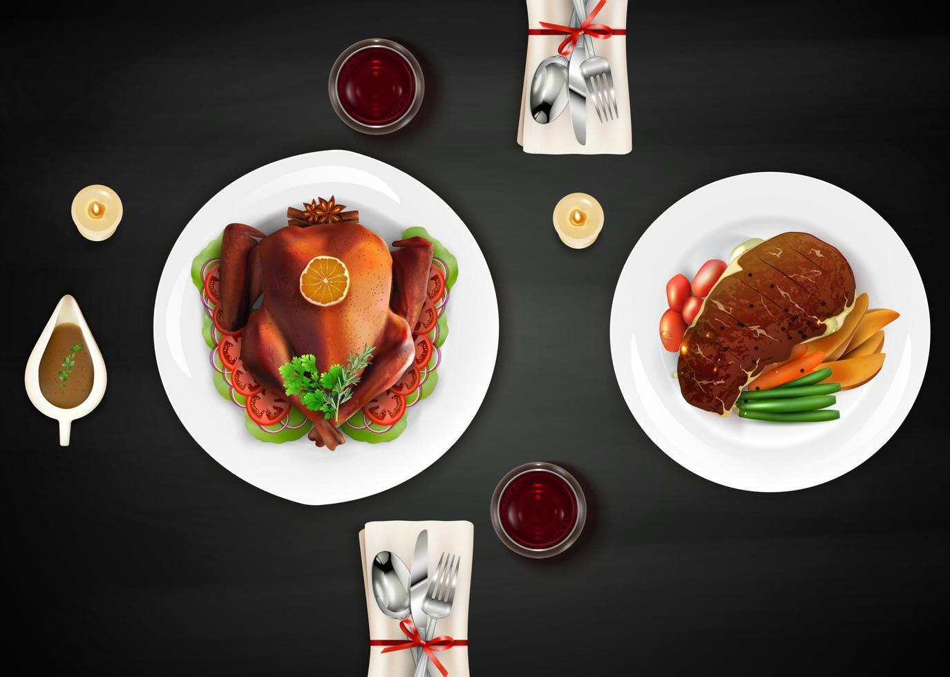 realistische topkalkoensamenstelling met lekkernijen en gegrild vlees op tafel vector