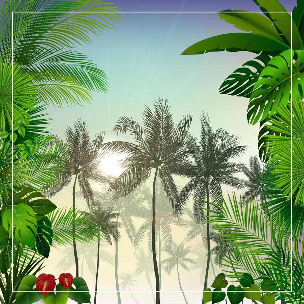 tropisch ochtendlandschap met palmbomen en bladeren vector
