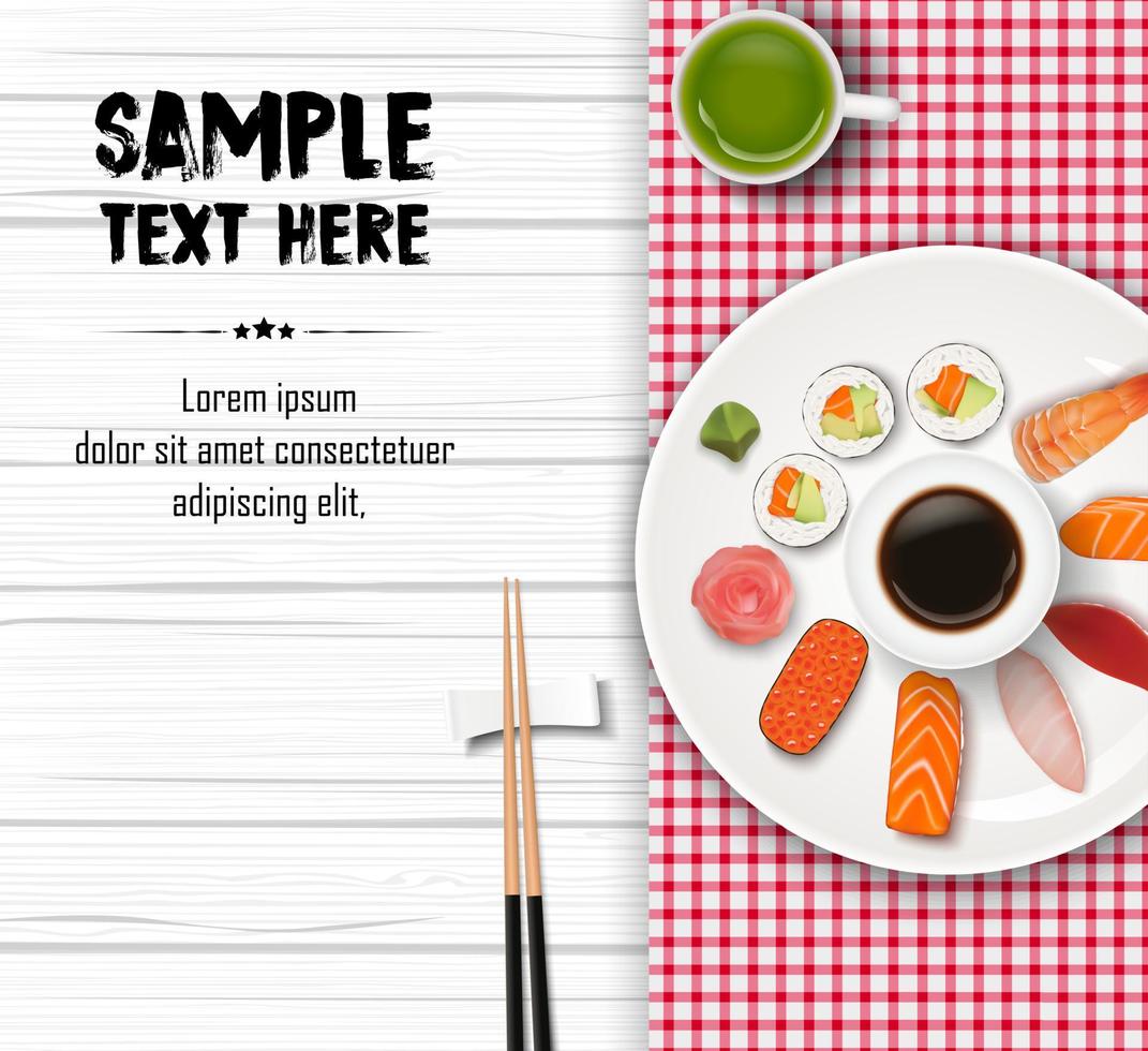 sushi, Japans eten op houten tafel achtergrond vector