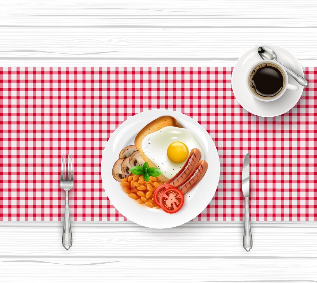 ontbijttafel met gebakken ei en kopje zwarte koffie op houten tafel vector