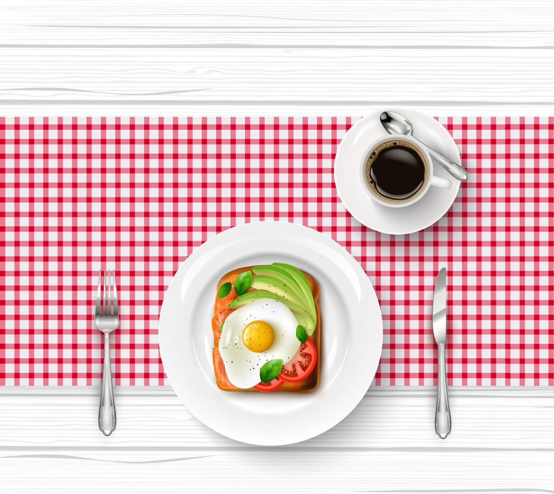 ontbijtmenu met gebakken ei, toast en kopje zwarte koffie op houten tafel vector