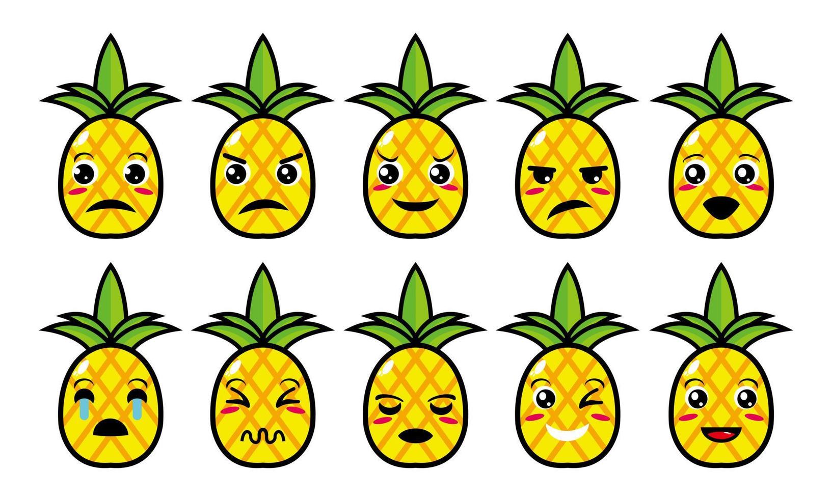 schattige lachende grappige ananas set collection.vector platte cartoon gezicht karakter mascotte illustratie .isolated op witte achtergrond vector