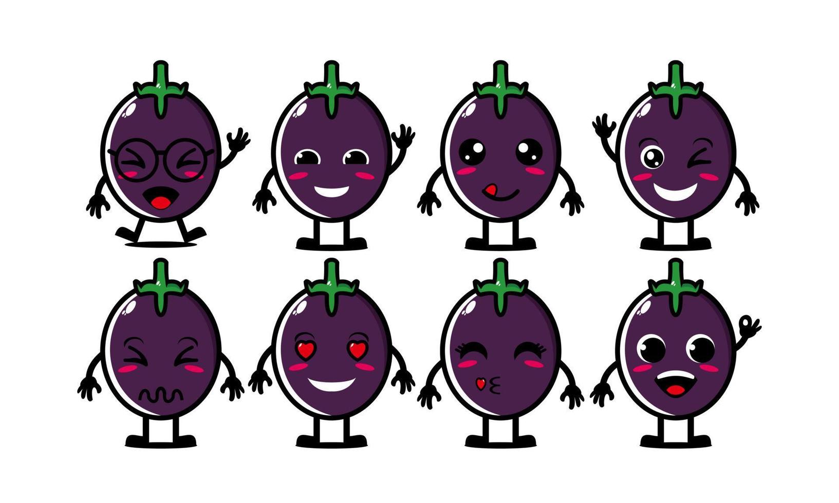 schattige lachende grappige aubergine groente set collection.vector platte cartoon gezicht karakter mascotte illustratie .isolated op witte achtergrond vector