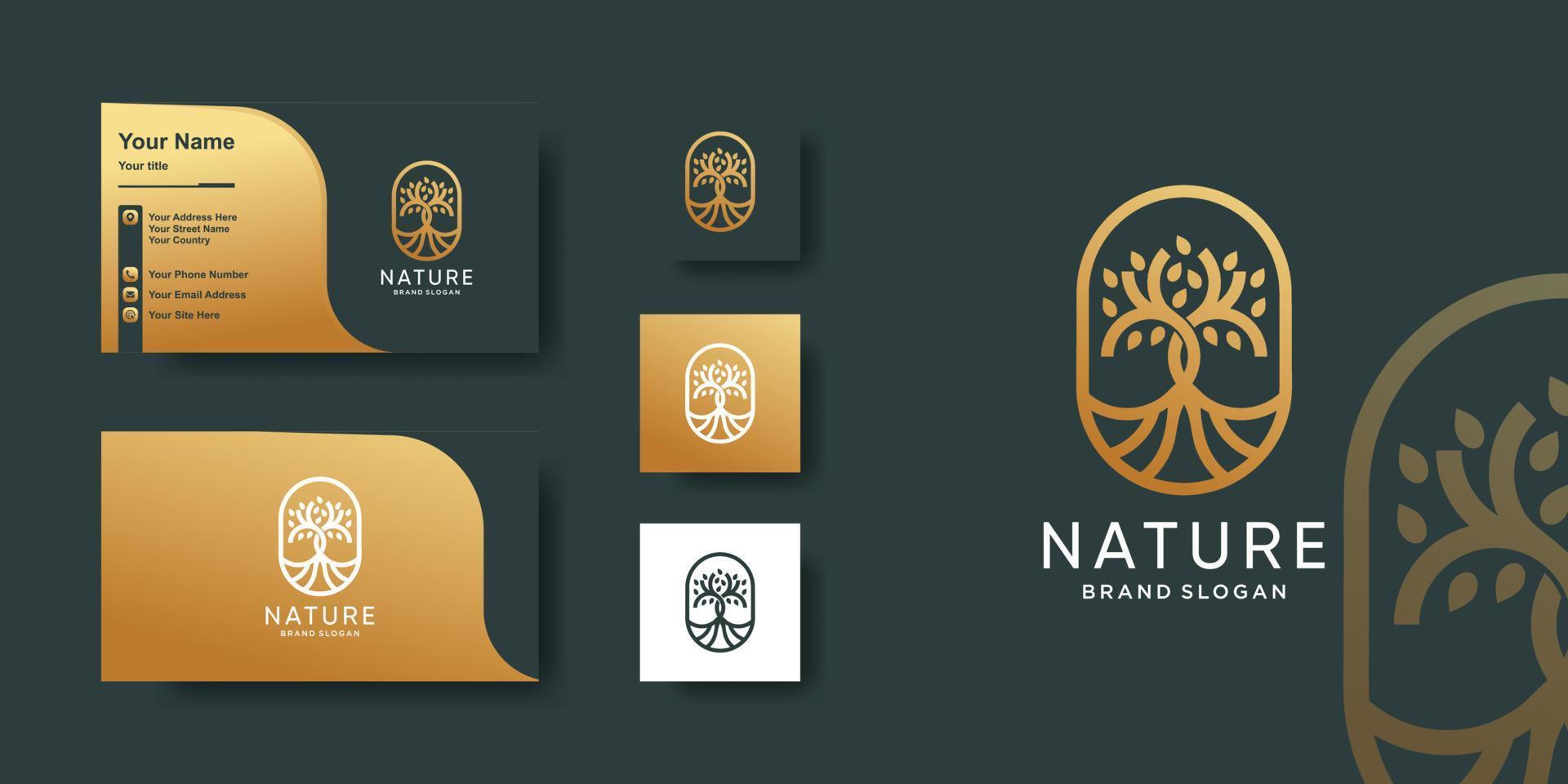 natuur logo sjabloon met creatieve gouden lijn kunst concept en visitekaartje ontwerp premium vector