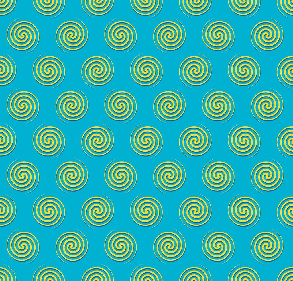 geometrisch spiraalvormig of zonvormig naadloos patroon op gele blauwe levendige kleurenachtergrond. gebruik voor stof, textiel, decoratie-elementen, verpakking. trendy zomerconcept. vector