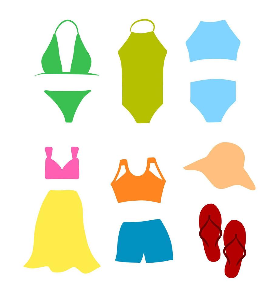 mode zomer kleding. kleding clipart, platte jurk badpak textiel. vakantie outfit, sundress en rok vector icon set.