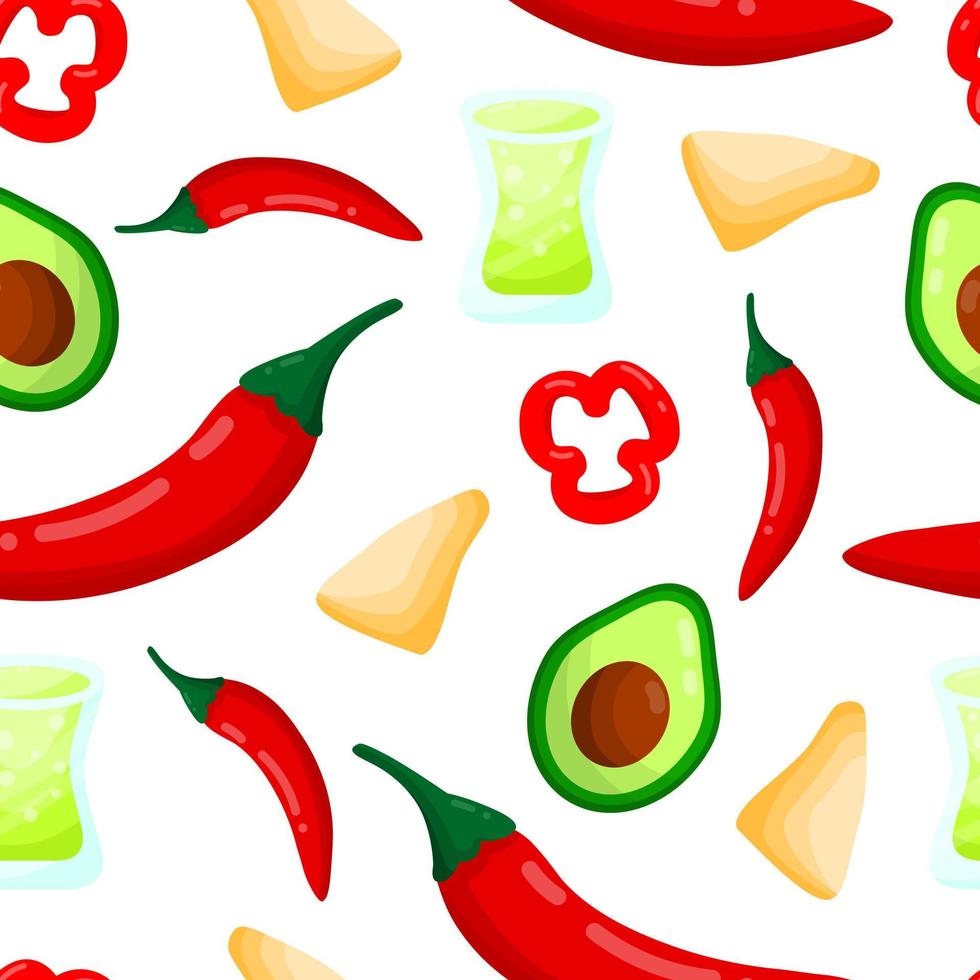 Mexicaans eten geïsoleerde vector naadloze patroon sjabloon. kleurrijke platte koken illustratie. menu achtergrond afdrukken. avocado, nacho's, tequila shotdrank, roodgloeiende chilipepers.